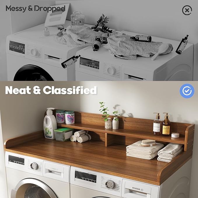 2-Tier Washer and Dryer Countertop with 2.75" H Guard,58" W x 28" D Laundry Countertop Cover with Non-Slip Pad,Large Space Laundry Topper for Folding Clothes Over Washer and Dryer-Brown