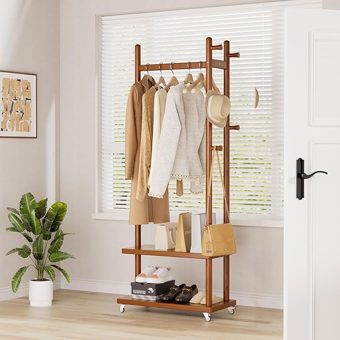Coat Rack Freestanding Clothing Rack with Wheels, Coat Tree Freestanding Heavy Duty with 2 Storage Shelves and 5 Hooks, Wood Garment Rack for Corner Bedroom Hallway Entryway Living Room Hotel
