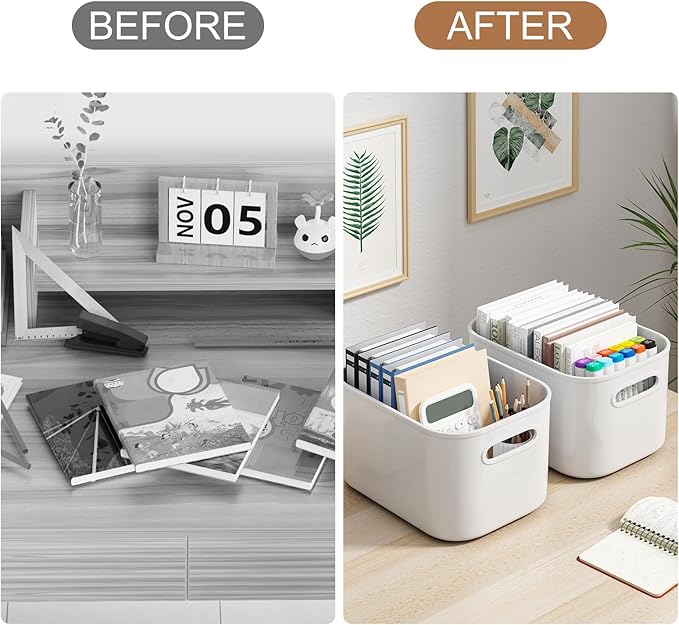 8 Pack White Storage Bins with Lids Stackable Storage Container for Organizing, Storage Boxes with Handle for Shelves, Cute Storage Bin for Craft, Snacks, 9.85x6.9x5.7 inch