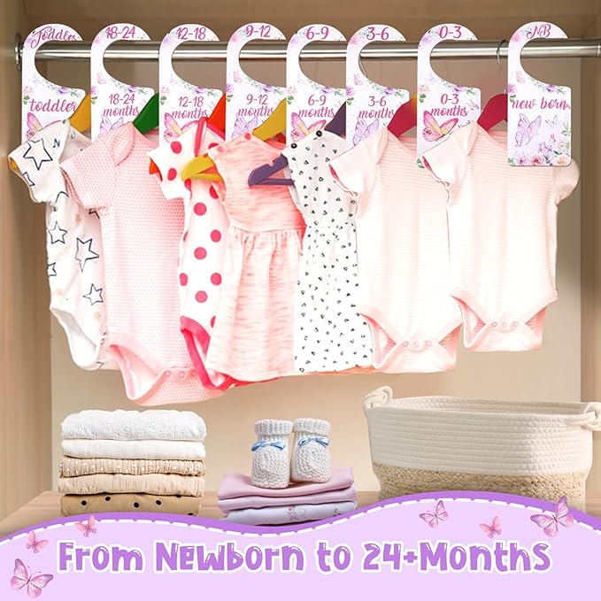 Baby Closet Dividers 8PCS, Butterfly/Floral Theme Wooden Double-Sided Clothes Size Hanger Organizer from Newborn to Toddler for Nursery Decor Baby Shower Birthday Gift