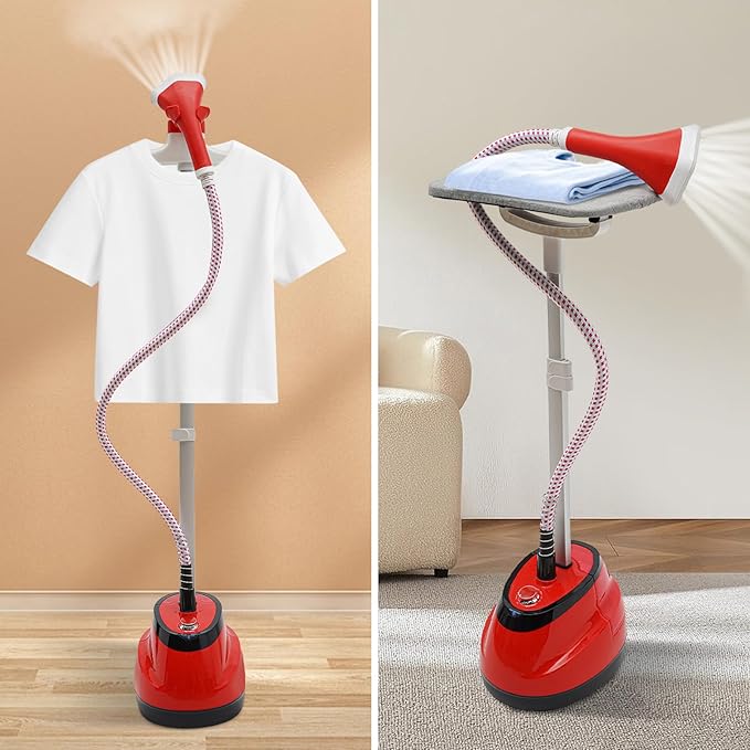 Standing Garment Steamer,Steamer for Clothes,1350W Fabric Steamer Standing Clothes Steamers with Ironing Board, Adjustable Rod & 1.6L/0.42gal Water Tank Wrinkle Remover Heats in 45 Seconds (Red)