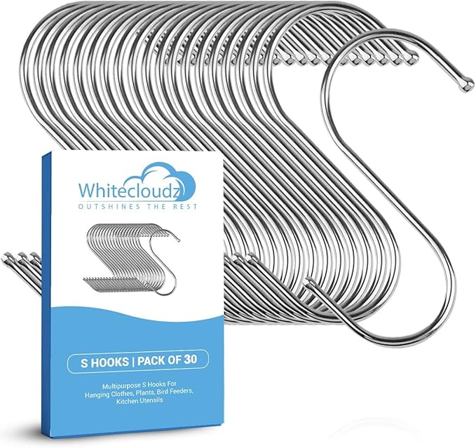 WHITECLOUDZ 30-Pack Silver S Hooks for Hanging Plants, Stainless Steel S hooks for hanging heavy-duty, Closet Hooks for Hangings Clothes, Durable kitchen hooks for hangin Utensils, Pots, Clothes & Bag