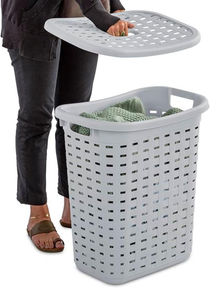 Sterilite Plastic Wicker Style Weave Laundry Hamper, Portable Slim Clothes Storage Basket Bin with Lid and Handles, Cement Gray, 8-Pack