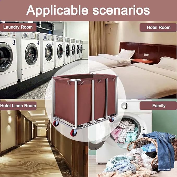 Commercial Laundry Cart with Wheels, 470L Industrial Rolling Laundry Basket, Large Heavy Duty Laundry Sorter with Watertight Oxford Bag & Sturdy Steel Frame for Home, Hotel, Hospital, 440 lbs (Brown)