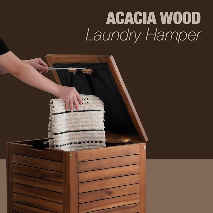 Wooden Laundry Hamper With Lid, Handles And Removable Liner Bag, Tall 90L - Large Wood Laundry Basket - Dirty Clothes Hamper For Bed Room Aesthetic, Bathroom, Laundry Room