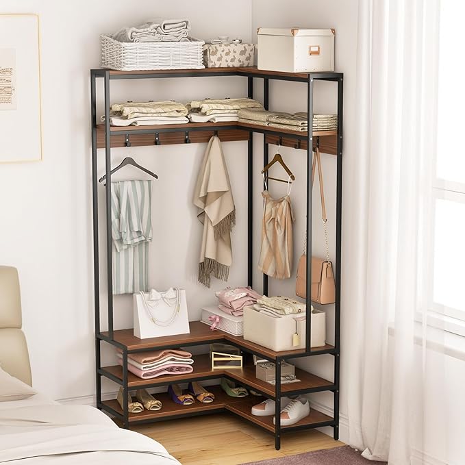Giantex Corner Coat Rack with Shoe Bench, L-Shaped Garment Rack with 5 Shelves & 7 Hooks, Heavy Duty Freestanding Clothes Rack Entryway Bench with Shoes Organizer for Hallway (Rustic Brown & Black)