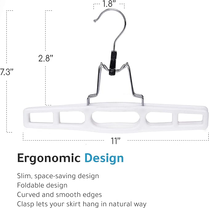 Premium Skirt Hangers 2-Pack - Thin Space-Saving Skirt Hanger Set with Clamp, Pant Hanger 2-Piece Set, Shorts Hangers with Heavy-Duty Locking Clasp, Multipurpose Quality Jean Hangers Set (White, 2)