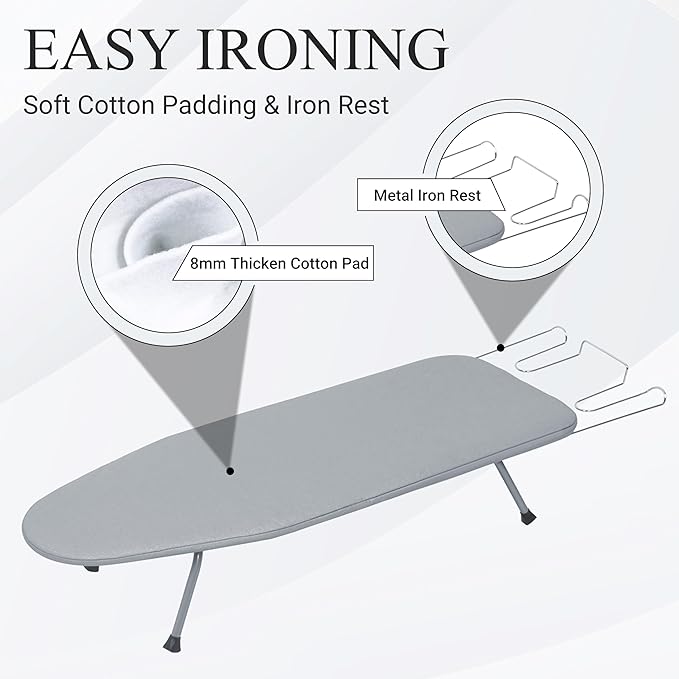 Ironing Board, Small Iron Board with Iron Rest, Mini Tabletop Ironing Board with Heat-Reflective Cover and 100% Cotton 8mm Thicken Pad, 31.5"x11.8"x6.2", Silver