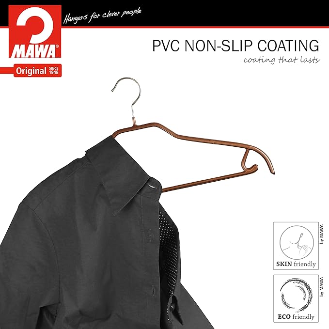 MAWA by Reston Lloyd Silhouette Series Non-Slip Space Saving Clothes Hanger with Bar & Hook for Pants and Skirts, Style 41/FRS, Set of 12, Copper