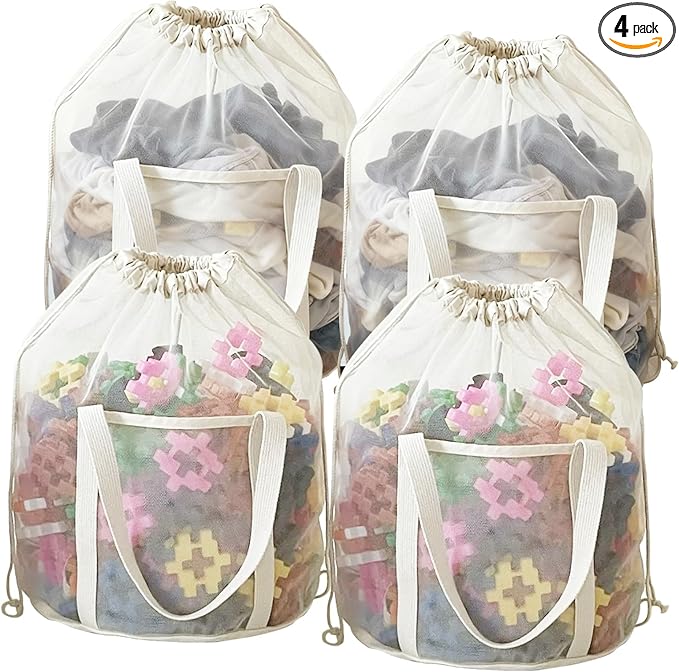 4 Pack Large Mesh Toy Storage Bags,Heavy Duty Mesh Bag with Drawstring, Durable & Breathable for Toys, Laundry, Pool & Beach Accessories, Home & Travel Organization