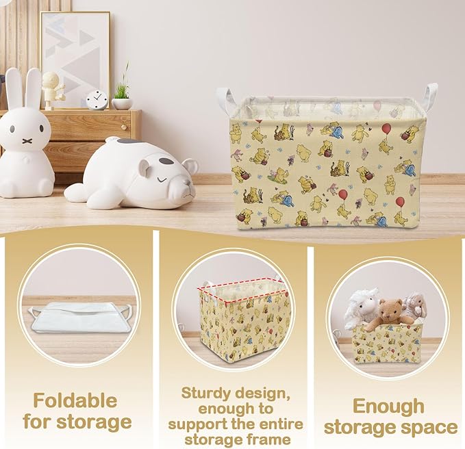 Winnie Nursery Hampers with Handles, the Pooh Nursery Storage Basket, Classic Winnie Baby Nursery Hamper Decor, Foldable and Waterproof Canvas Organizers for Toys Clothes Bedroom Bathroom