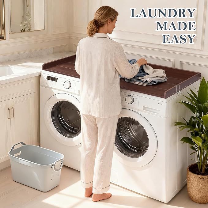 HDPE Washer Dryer Countertop, 54" x 27" Laundry Countertop with 2 Hooks & Non-Slip Pads, Washer and Dryer Topper for Laundry Room Organization, No-Installation(Brown)