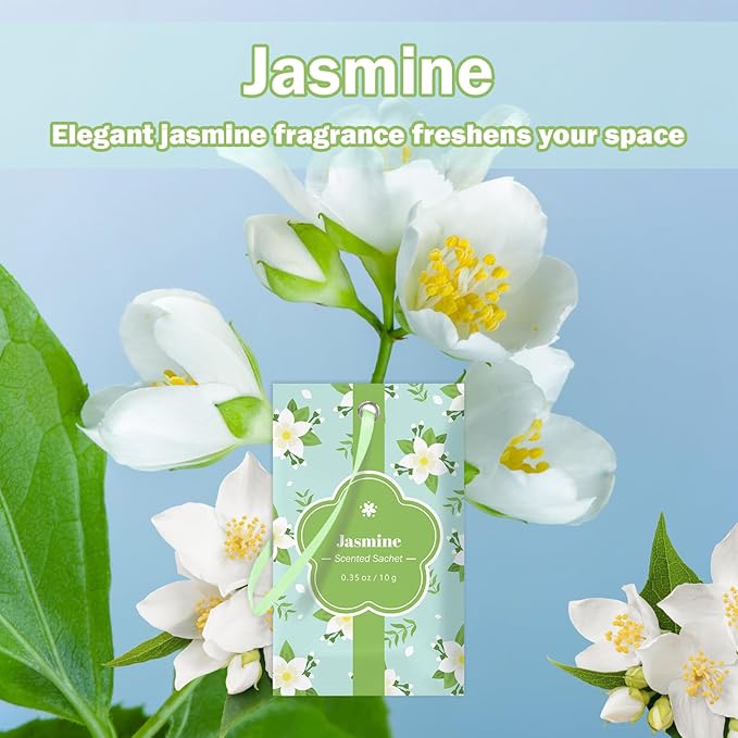 SCENTORINI Scented Sachets for Drawers and Closets, Jasmine Scent 14 Pack, Long-Lasting Sachets Bags Wardrobe Freshener for Cupboard, Shoecase, Gym Bags, Suitcases