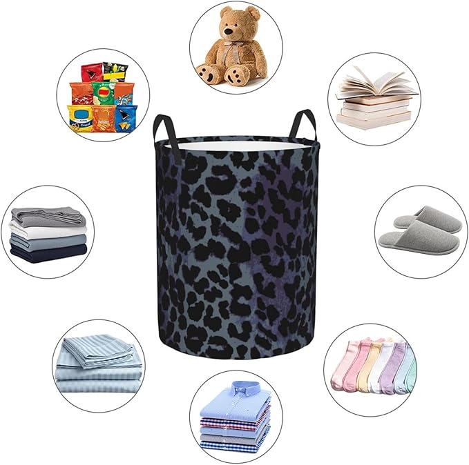 Black Grey Leopard Round Laundry Hamper Storage Basket Toys Clothes Organizer Bin For Home Bathroom Bedroom Dorm Nursery, 62l