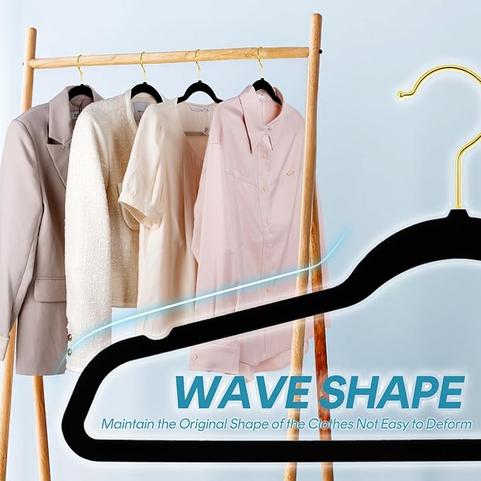 UNEED Black Velvet Hangers with Golden Hooks, 36 Pack - Ultra Thin Space Saving, Non-Slip Clothes Hangers for All Clothing, Dorm & Closet Organization (Heavy Duty, Anti-Scratch)