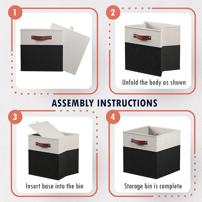 Ornavo Home 13 x 15 x 13 Kallax Storage Cube Bins, Foldable Collapsible Fabric Storage Bins Box Linen Shelf Basket Cube Organizer for Closet with Leather Handles, 6 Pack, White/Black