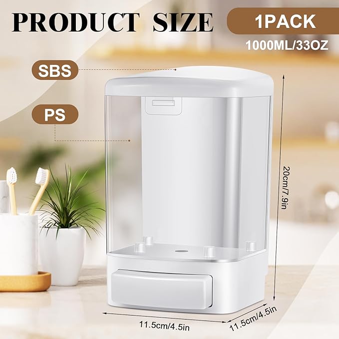 Hushee Manual Soap Dispenser 33.8oz / 1000ml Kitchen Bathroom Plastic Refillable Wall Mounted Commercial Soap Dispenser for Liquid Containers Shampoo Gel Chamber Hotel Restaurant(Transparent)