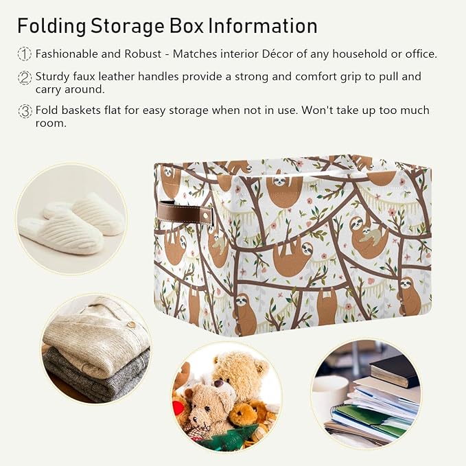 Sloth Storage Basket Square Collapsible Laundry Hamper Clothes Toys Storage Bin with Handles for Bedroom, Closet, Nursery, Dorm, Home Decor