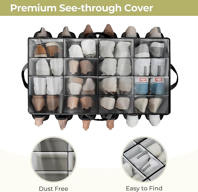Shoe Organizer for Closet, Shoe Storage Solution with Clear Cover & Adjustable Dividers, Fabric Shoe Box Fits 16 +12 Pairs Shoes, Black, 1-Pack