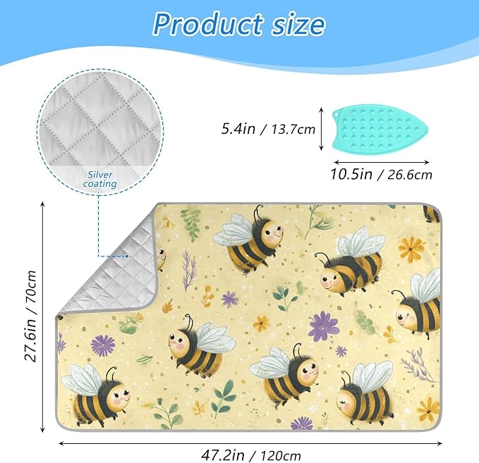 Ironing Mat Pad for Table Portable Travel Iron Blanket Ironing Board Covers Pressing Mat Heat Press Pads 27.6x47.2 Inches Light Yellow Bees Floral Dots45