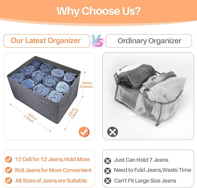 Closet Organizers and Storage Bins for Clothes - 12 Cell Drawers Organizer Grid Storage Box for Jeans Pants Sweater Towel T-shirts, Wardrobe Shelf Dividers Closets Organization (1 Pcs)