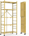 Himix Storage Shelves with 20 Hooks, 5-Tier Foldable Shelves for Storage, Folding Shelf Unit Pantry Shelves with Wheels, Standing Shelving Unit for Kitchen Garage Home Office Room Greenhouse, Gold