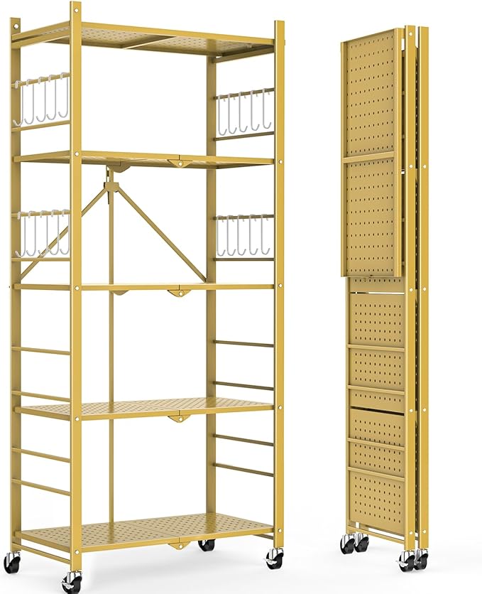 Himix Storage Shelves with 20 Hooks, 5-Tier Foldable Shelves for Storage, Folding Shelf Unit Pantry Shelves with Wheels, Standing Shelving Unit for Kitchen Garage Home Office Room Greenhouse, Gold