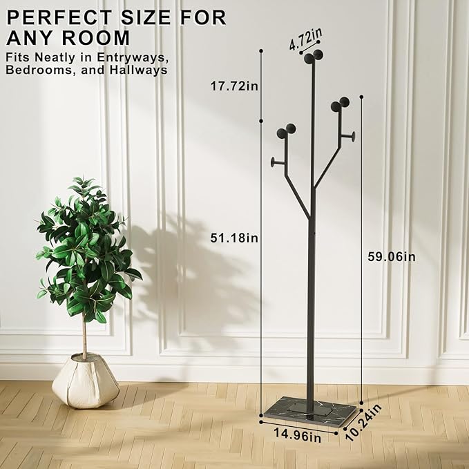 Coat Rack Stand, Freestanding Metal Coat Rack with Sturdy Marble Base, Modern Standing Coat Rack Tree for Entryway, Bedroom, Office & Hallway, Space-Saving Design, Black, 68.9 Inches Tall