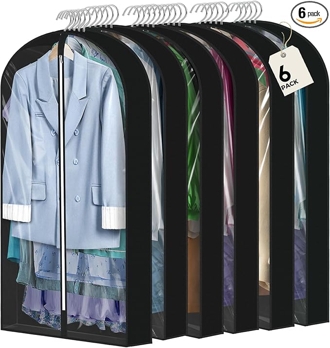6 Pcs 40" Garment Bags for Hanging Clothes, Clear Suit Bags for Closet Storage Clothing Storage, Garment Bags Shoulder Covers with 4" Gussets for Coats, Jackets, Shirts and Sweater, Black