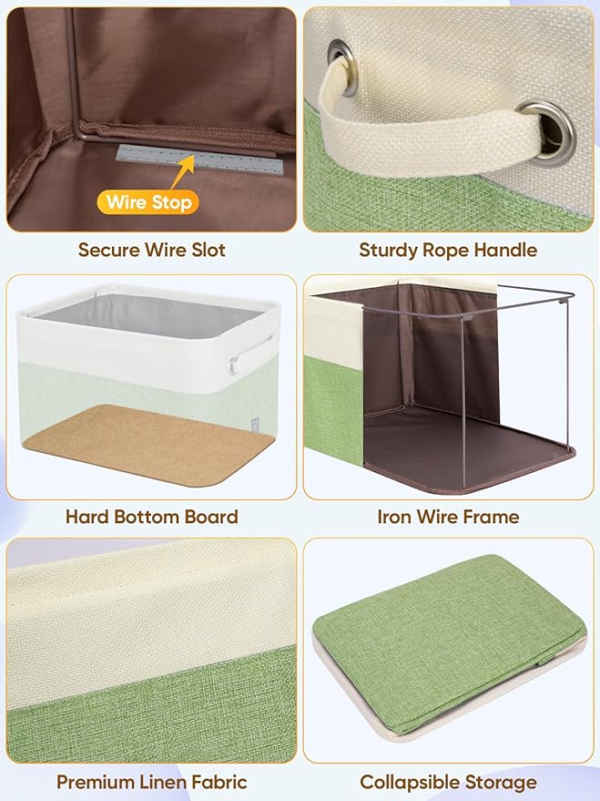 BALEINE 4 Pack Fabric Storage Bins for Shelves, Linen Storage Baskets for Organizing, Decorative Closet Bins for Clothes, Home (Green, 15''x11''x9.5'')