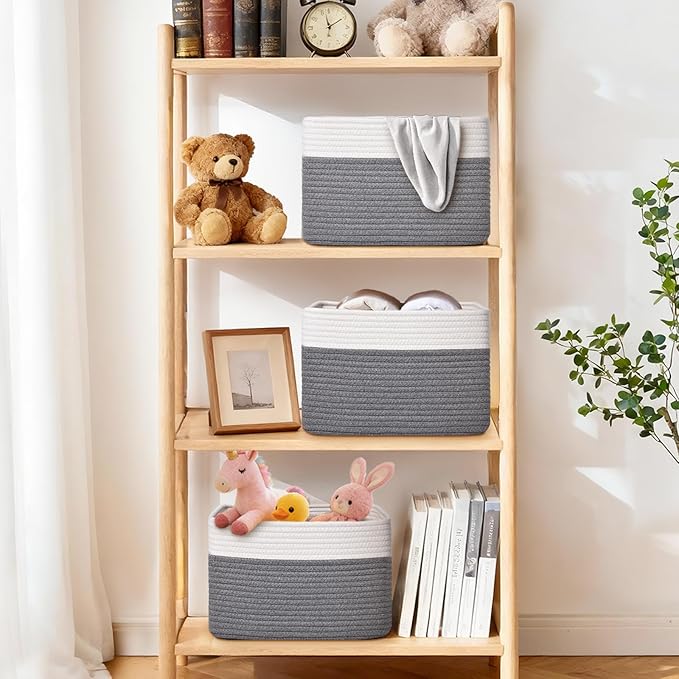 Storage Baskets for Organizing, 4 Pack Baskets for Shelves, Decorative Storage Bins for Shelves, Cotton Rope Storage Basket with Handles, Woven Basket for Storage, 13''Lx8.7''Wx7.9''H, White & Gray