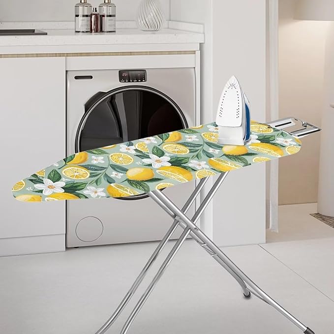Lemon Ironing Board Cover and Pad with White Floral Standard Size Elastic Edge Home Decoration Hook and Loop Fasteners Heat Reflective 15 x 54 Inch
