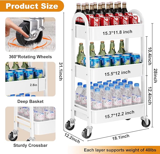 3 Tier Rolling Cart with Wheels for Pantry Organizers and Storage, Metal Utility Kitchen Cart for Fruit and Vegetable Storage, Snack Carts for Kitchen Organization, Art, Craft, Bathroom, Lash, White