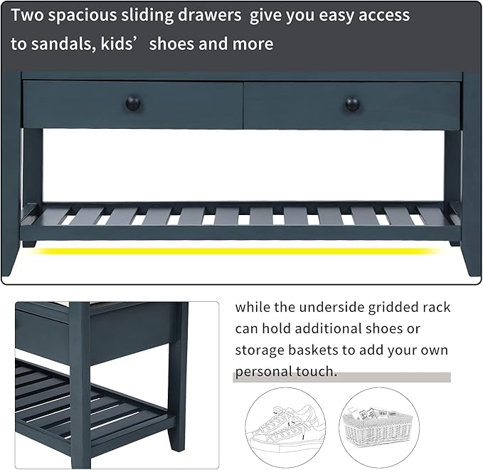 Harper & Bright Designs TREXM Shoe Rack with Cushioned Seat and Drawers, Multipurpose Entryway Storage Bench (Antique Navy)