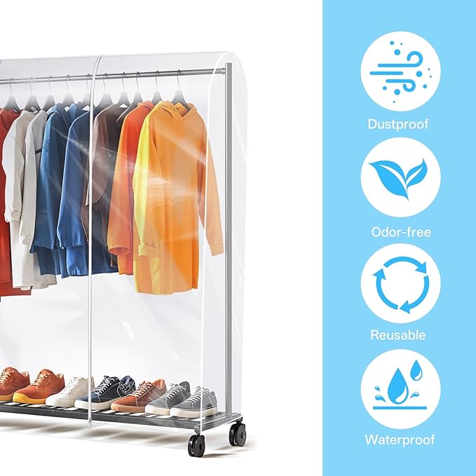 Clear Clothes Rack Cover 6Ft Garment Rack Cover Transparent Clothing Rack Cover With 2 Durable Zipper Waterproof Protector for Garment Rack (50"L x 20"W x 60"H, Rack Not Included)