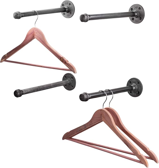 PIPE DECOR Industrial Pipe Wall Mounted Clothing Rack, Commercial or Residential Wardrobe Clothes Display, Heavy Duty Rustic Vintage Steel Grey Black Metal Garment Bracket Frame, 4 X 12" Brackets