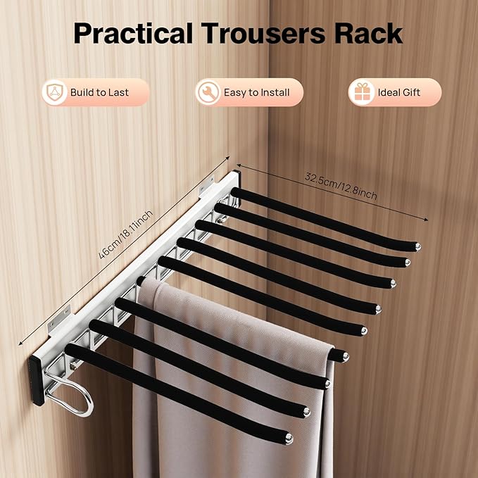 9 Arms Steel Slide Out Pants Rack Closet Pants Hanger Bar Pull Out Trousers Rack Tie Belts Scarf Racks, Wardrobe Clothes Organizers Rail Pull Out Closet Storage Rod-(Left Side Mounts)