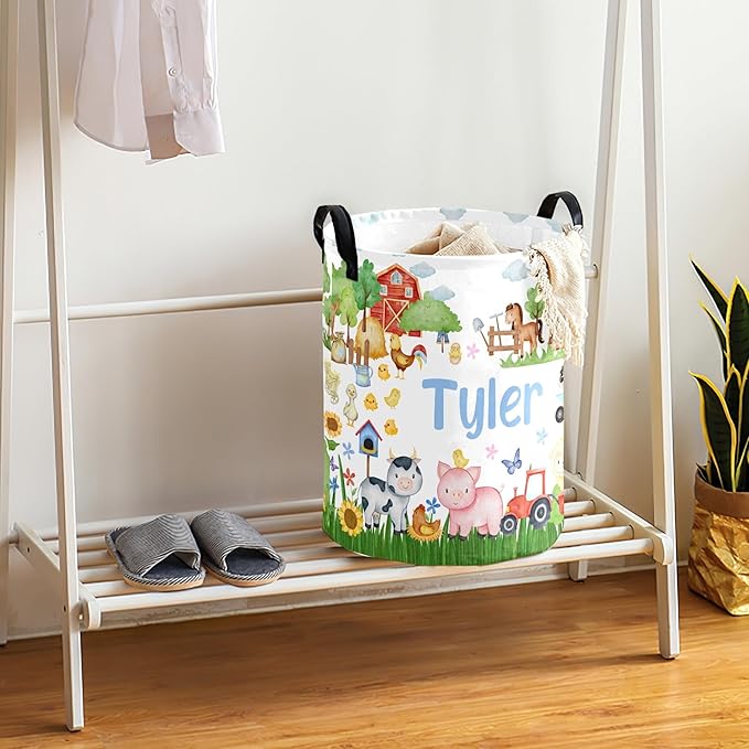Large Custom Name Laundry Hamper, Farm Personalized Dirty Clothes Hamper Storage Basket with Name for Bathroom Bedrooms, Customized Name Circular Hamper with Handles for Baby Boys Girls Men Women
