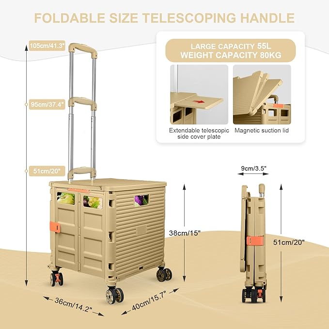 Rolling Shopping Cart with Wheels,Folding Utility Cart for Grocery,Durable Heavy Duty Collapsible Crate Rubber Tool Box with Magnetic Lid/Telescopic Cover for Office/Teachers Tote Basket/Travel