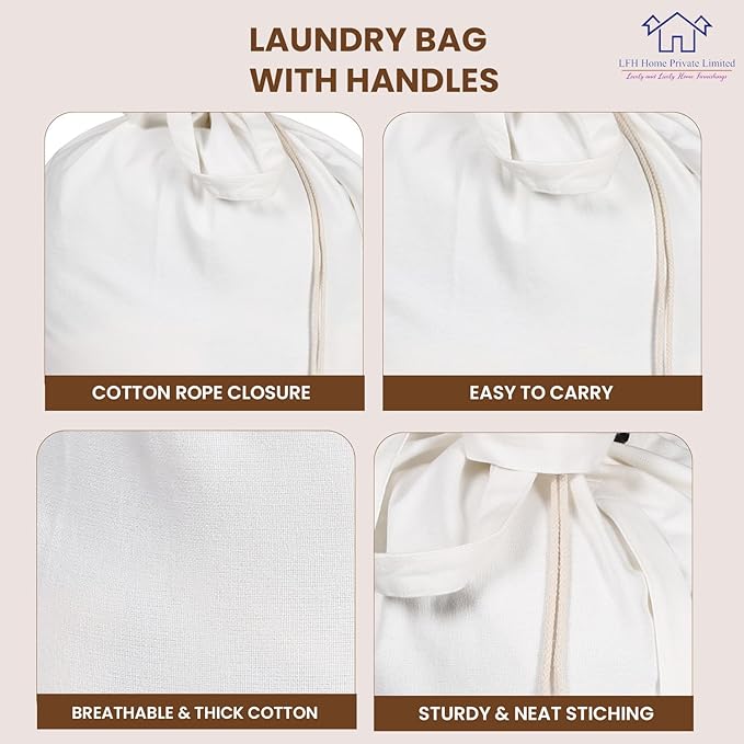 LFH Home Cotton Canvas Large Laundry Bag with Handle, Heavy Duty Drawstring Closure Washable Laundry Bags School Travel, Home, Hotel, College Dorm, Organizer Sack, Cloths 20x30-White