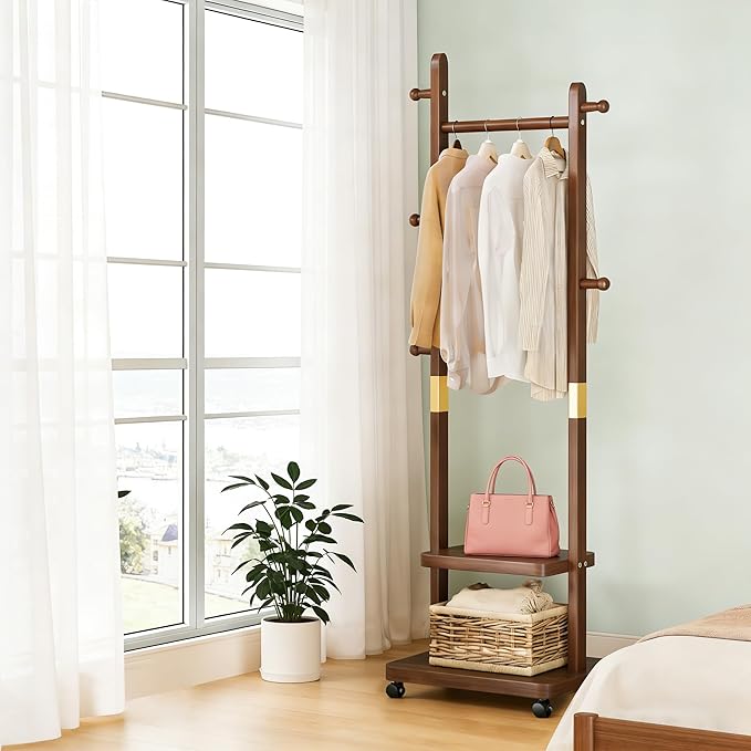 Solid Wood Coat Rack for Entryway Bedroom Corner 2-Tier Freestanding Clothing Stand with Wheels & 5 Hooks & Storage Shelves Heavy Duty Rolling Clothes Rack with Hat Hanger
