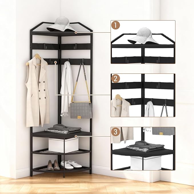 Garvee Corner Coat Rack with Storage, Simple Hall Tree with Mesh Shelves, Anti-Toppling Devices, Freestanding Metal Clothes Rack Shoes Shelf Organizer for Entryway Bedroom Black