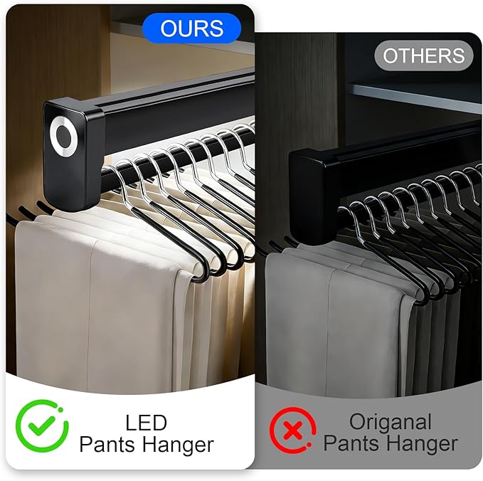 Pull Out Closet Valet Rods with LED Lighting, Adjustable Heavy Duty Steel Clothes Storage Hanger Rail, Sliding Top Mounted Wardrobe Rail with Built-in Lithium Battery for Pants Coats(300mm/11.8inch)