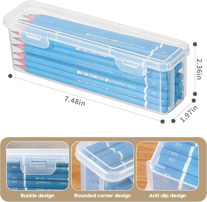 10 Pack Clear Plastic Pencil Case Boxes - Narrow Stackable Storage Organizers with Snap Lids for Pens, Markers, Makeup Brushes, Art Supplies, Beads, Jewelry, School Office Use, Rectangular Narrow
