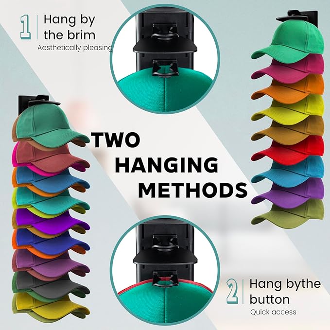 2Pack Hat Organizer for Baseball Cap with Locking Tech, Hat Rack Strong Adhesive Hat Hooks for Wall Hold Up to 20 Hats, Multi-layer Hat Storage Display for Door, Bedroom, Closet - Black