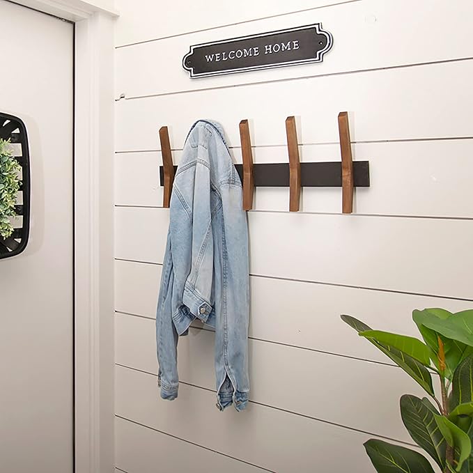 24-Inch Mid Century Coat Rack with 5 Wooden Hooks, Farmhouse Style Hookrail for Bedroom, Living Room, Hallway, and More, Solid Wood, 9.5" H x 24" W x 2.25" D, Black and Walnut