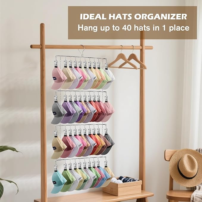 Hat Racks for Baseball Caps, 40 Hooks, Space Saving Hat Organizer for Baseball Caps, Metal Baseball Cap Organizer, Silver