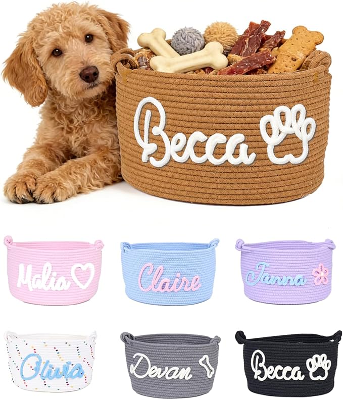 Personalized Dog Cat Toy Basket with Embroidery Name, Customized Puppy & Kitten Toy Storage Bins, Cute Handmade Cotton Rope Organizer for Snacks, Pet Supplies, Easter Birthday Gifts Basket for Pets