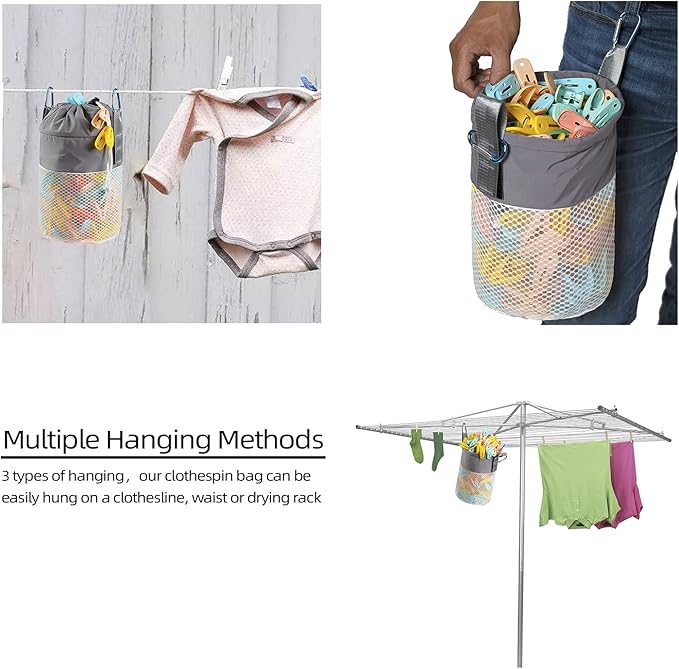 Mesh Clothespin Bag Holder Outside, Ventilation and Moisture Resistance, Multiple Hanging Methods Clothes Pin Bag with Drawstring Closure, Large-Capacity Clothespin Storage Organizer with Hooks