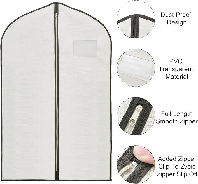 Fabric Garment Bag Suit Bag 40 x 24" Greyish White Suit Bag Hanging Storage Bag with Viewing Window and Zipper for Storage Cotton Clothes Fur Coat or Suit Jacket,QY-FCT01